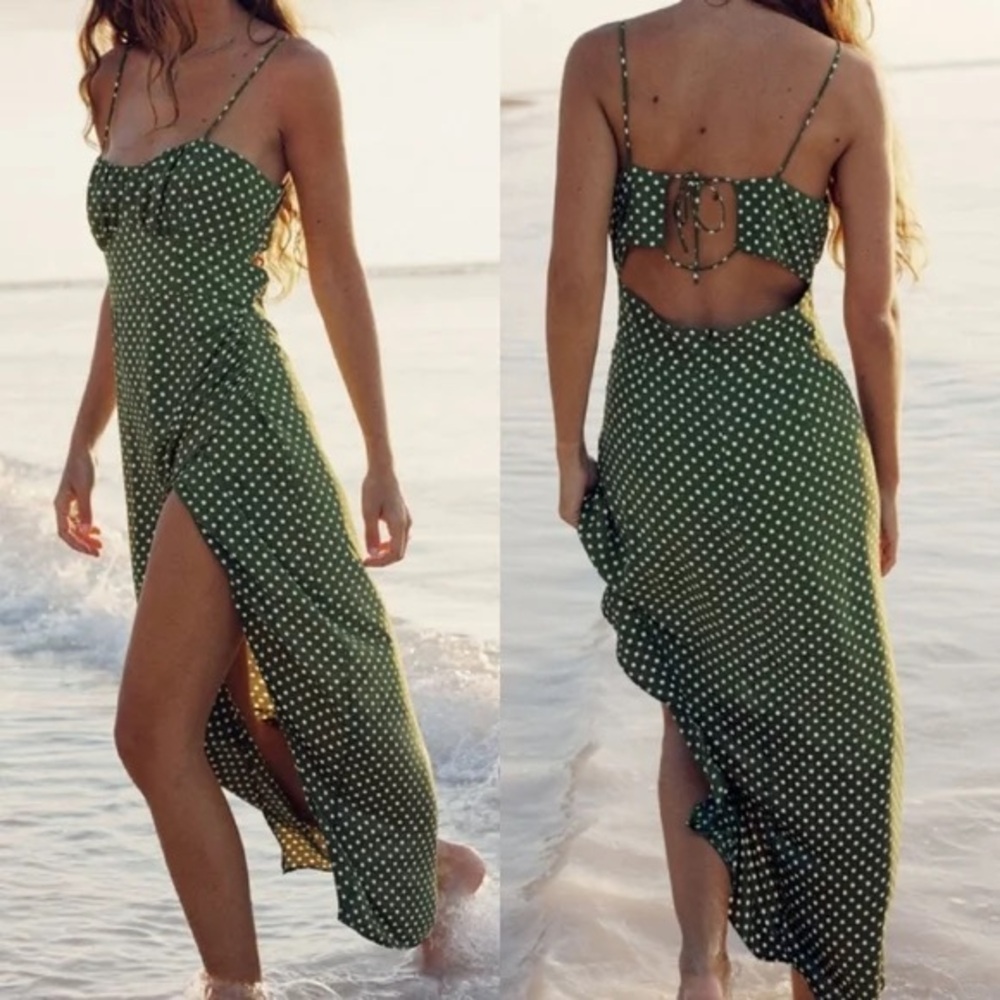 Gorgeous green/white LINEN BLEND POLKA DOT MIDI DRESS😍 - Picture 6 of 12